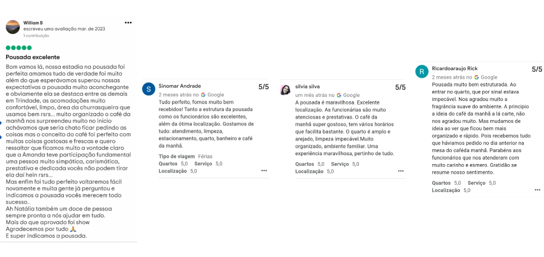 Avaliações de hóspedes no TripAdvisor e Booking