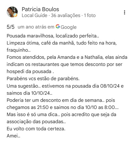 Avaliação 5/5 de Patricia Boulos no Google
