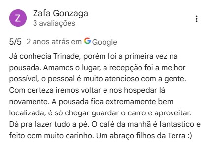 Avaliação 5/5 de Zafa Gonzaga no Google
