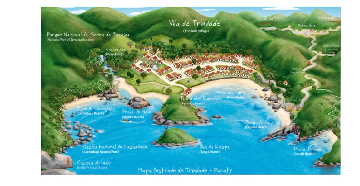 Mapa ilustrado de Trindade — Vila, Piscina Natural, Ilha da Raspa, Morro do Deus Me Livre